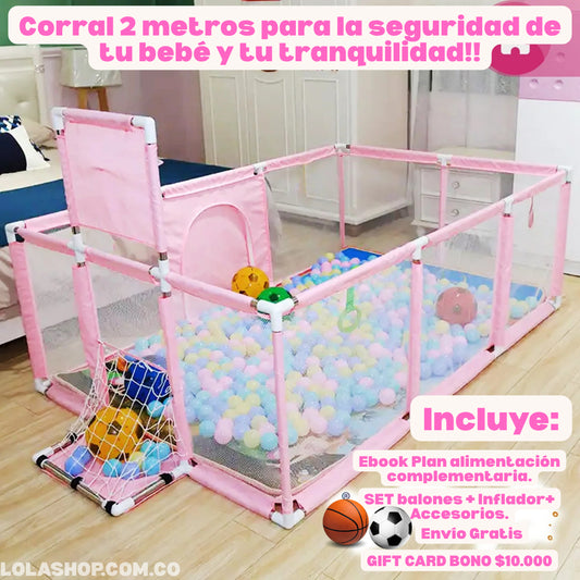 CORRAL EXTRAGRANDE 2 METROS CON PUERTA, CESTA Y DOS CANCHAS + OBSEQUIO PELOTAS👶🏼 + EBOOK PLAN ALIMENTACIÓN COMPLEMENTARIA