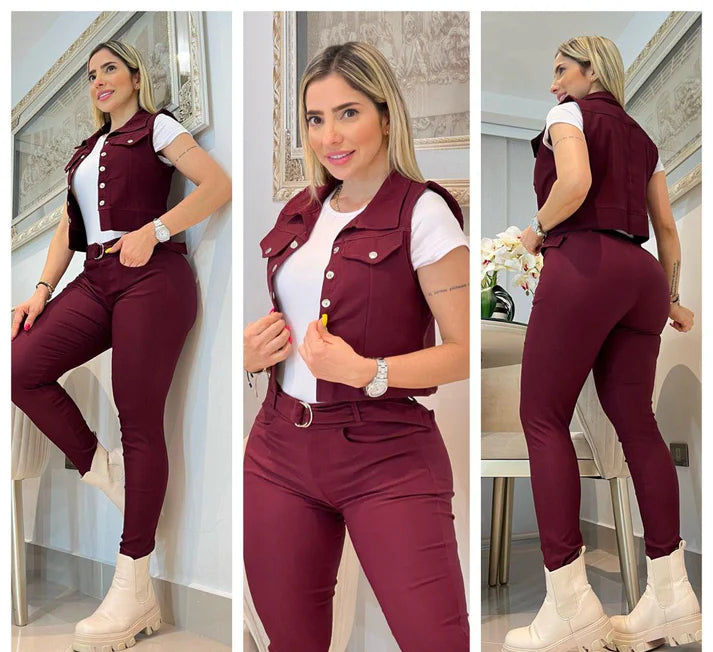CONJUNTO DAMA PANTALON Y CAMIBUSO TIPO POLO + OBSEQUIO CHALECO ELEGANTE