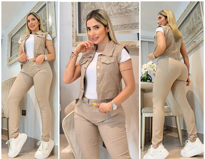 CONJUNTO DAMA PANTALON Y CAMIBUSO TIPO POLO + OBSEQUIO CHALECO ELEGANTE